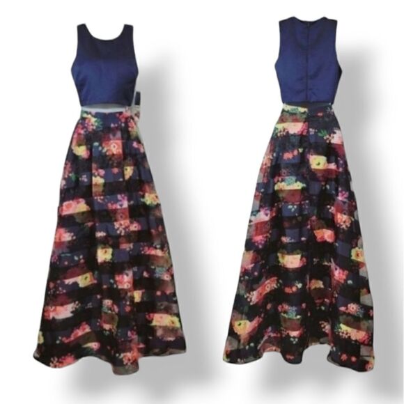 NEW Sequin Hearts 2PC Formal Shadow Stripe Floral Skirt Set in Navy Blue Sz 3/27 - Picture 2 of 16